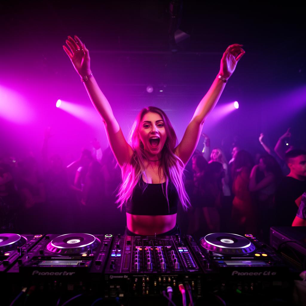 DJ da WOW events a animar a pista com luzes roxas e cor-de-rosa
